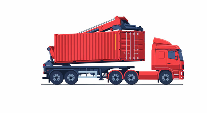 Red Sidelifter Truck Loading Shipping Container - Industrial Logistics and Freight Vector Illustration