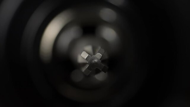 Chuck for cordless screwdriver with bit for unscrewing or screwing screws on black background, close up. Nozzle for screwdriver, attachment bit, macro, rotates