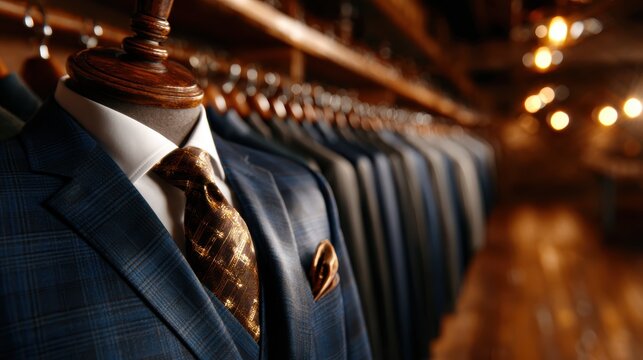 A stylish array of tailored suits hanging elegantly in a boutique showcases fashion's sophistication and timeless elegance, appealing to discerning customers seeking quality.