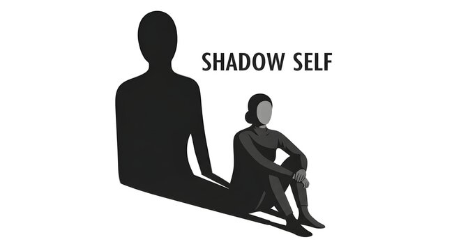 Woman casting a large shadow representing her shadow self concept against a white background