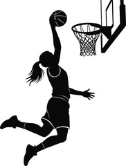 Woman dunking basketball into hoop silhouette vector © Sumitra