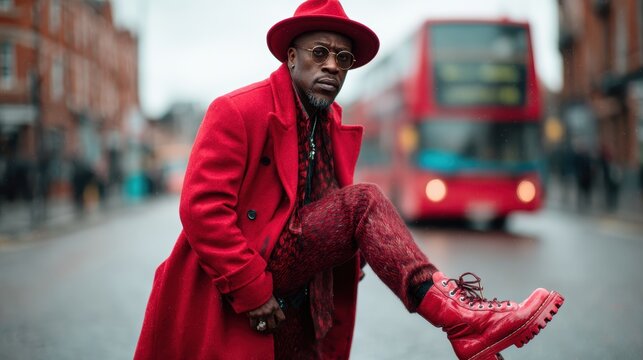 A dapper man in a vivid red outfit strikes a pose on a bustling street, creating a strong visual statement that melds fashion with dynamic urban life and energy.