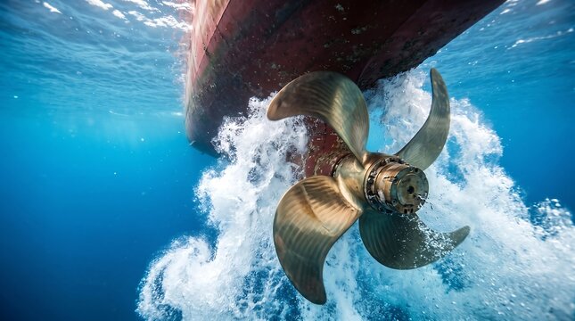 Ship Propeller underwater view: powerful marine propulsion technology driving global shipping and logistics efficiency. Dynamic deep sea engineering for commercial transport.