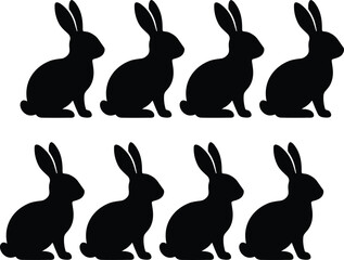 Black rabbit silhouette illustrations showing sitting poses with upright ears for animal pattern, Easter, and wildlife design concepts © Habibur111