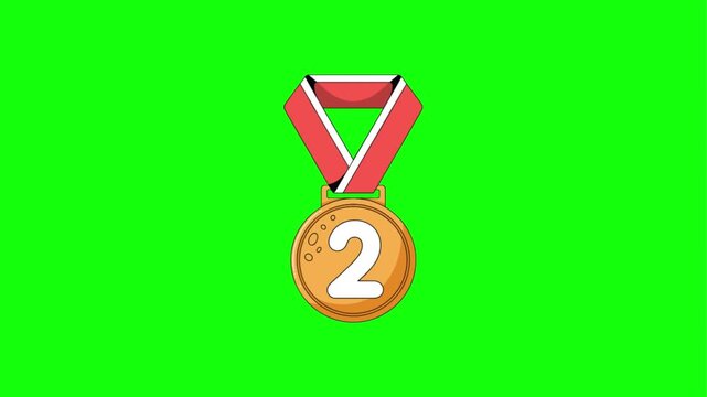 Victory ribbon and medals on green screen, symbolizing winning and second place achievement.