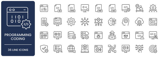 Programming and coding icon set. Collection of software engineering, code, web development, algorithm, application and script language line icon vector illustration with editable stroke. © Stock_Koom