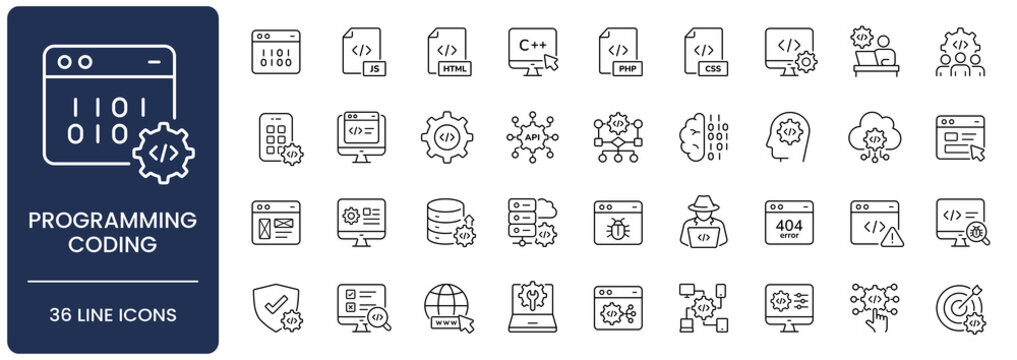 Programming and coding icon set. Collection of software engineering, code, web development, algorithm, application and script language line icon vector illustration with editable stroke.