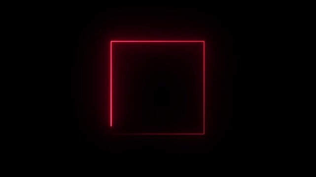 Abstract red neon square frame animation pulsing with light on black background.