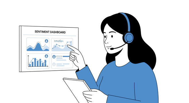 Customer service agent analyzing sentiment dashboard data with tablet