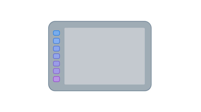 Modern graphic drawing tablet vector illustration with editable stroke and stylus pen, featuring a colorful line design for digital art tools, tech icons, and customizable design projects.