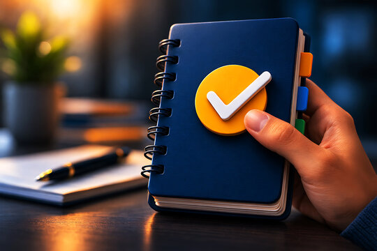 Hand holding blue spiral notebook with white checkmark on yellow circle blue notebook
