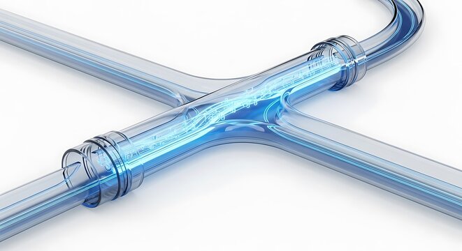 Clear plastic pipe fitting with blue liquid flowing through a T junction connector for plumbing and industrial fluid transport systems