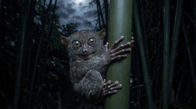 Nocturnal Spectral Tarsier with Huge Eyes Clinging to Bamboo Stalk in Moonlit Jungle Forest
