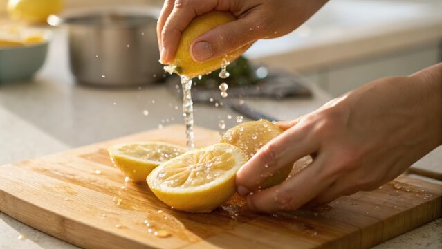 Hands squeezing fresh lemon juice onto a wooden cutting board in a bright kitchen setting.