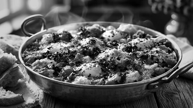 Traditional menemen egg food steaming in a rustic pan on a wooden tabl