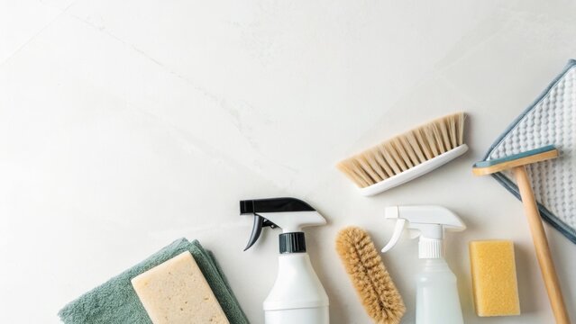 Cleaning supplies including brushes, spray bottles, sponges, and cloths arranged on a white surface.