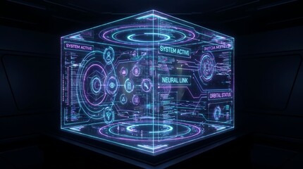 Fototapeta premium A futuristic holographic cube displaying complex digital interfaces and neural link status.