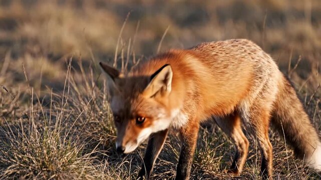 Red fox standing in dry grassy field during golden hour
