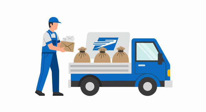 Postal Worker Loading Mail and Packages onto a Blue Delivery Truck Flat Vector Illustration for Logistics and Shipping Concepts