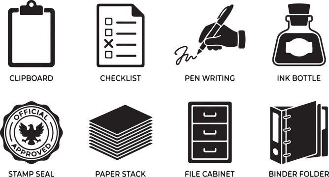 Office supplies, stationery icons, clipboard, checklist, pen writing, ink bottle, stamp seal, paper stack, file cabinet, binder folder