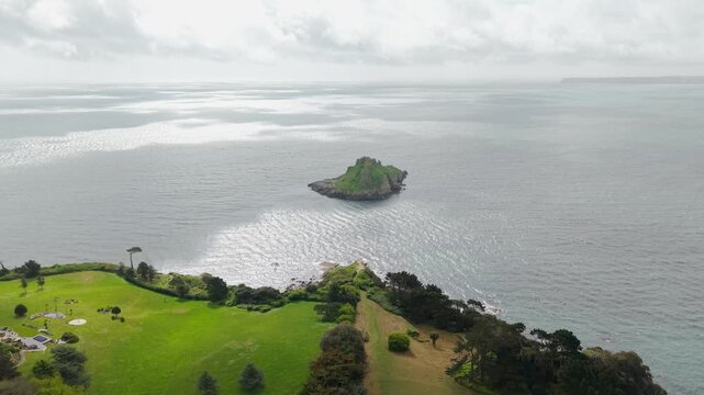 Aerial view of Thatcher Rock, Historical landmark in the United Kingdom. Thatcher Rock is a key sites for studies of Quaternary stratigraphy and sea-level change and forms part of the English Riviera.