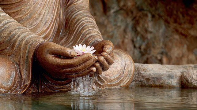 Close-up of a bronze Buddha statue's hands holding a delicate pink lotus flower above a pool of water, with water droplets falling from the cupped palms.