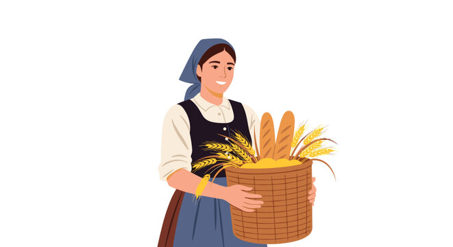 Smiling woman in traditional European peasant clothing holding a large wicker basket filled with bread loaves and wheat.