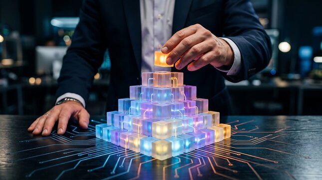 Digital Transformation: Businessman building complex data architecture with glowing cubes, illustrating strategic future technology solutions for innovative enterprise growth