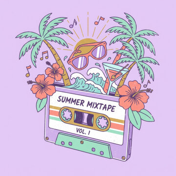 Retro summer mixtape cassette illustration with palm trees, sunglasses, ocean waves, cocktail, hibiscus flowers and music notes on purple background.
