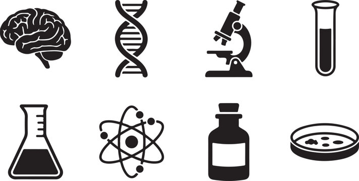 Science icons, biology symbols, laboratory signs, DNA, atom, microscope, 8 vector graphics