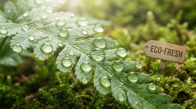 Close-up of a vibrant green fern leaf adorned with sparkling water droplets, nestled in lush moss, with an 'ECO-FRESH' sign pointing towards it, bathed in soft sunlight.