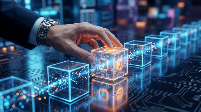 Digital transformation concept featuring human hand interacting with glowing data cube, representing future technology innovation, AI, blockchain, and cybersecurity solutions