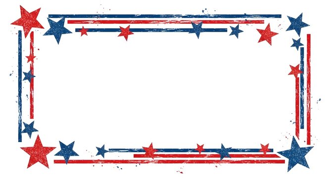 Patriotic american flag themed border frame with red and blue stars and stripes, grunge texture design isolated on white background