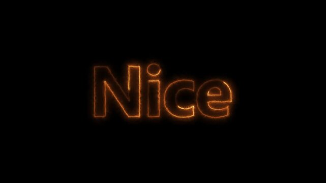 Nice word glowing with orange fire energy effect on black background cinematic motion graphic.