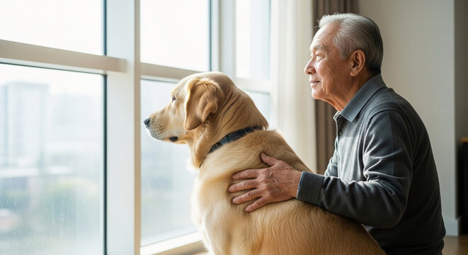 Senior man with his beloved Golden Retriever dog looking out a window, enjoying companionship and scenic views together