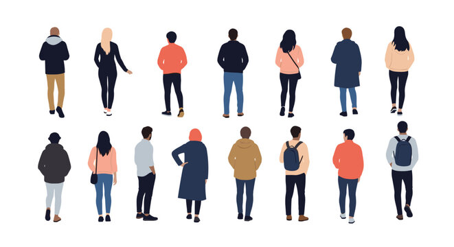 Large group of diverse men and women standing in two rows viewed from behind wearing casual clothes against a white background.