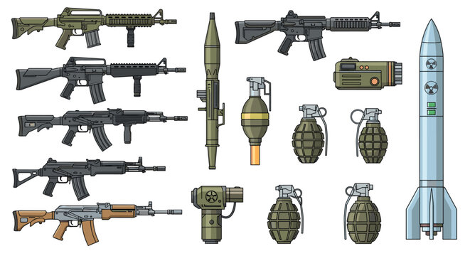 Large array of modern military weapons including assault rifles, grenades, a rocket launcher, and a large missile for tactical themes.
