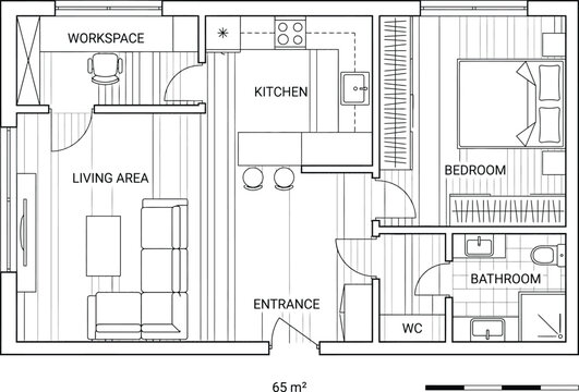Modern Apartment Floor Plan Vector, 65 Square Meter Home Layout Blueprint