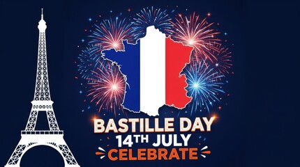 Bastille Day graphic with Eiffel Tower and fireworks