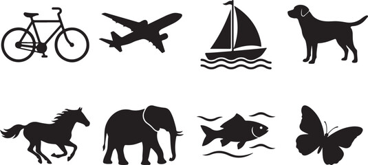 Obraz premium Black animal, transportation and nature icons set, silhouette style graphics, vector illustrations