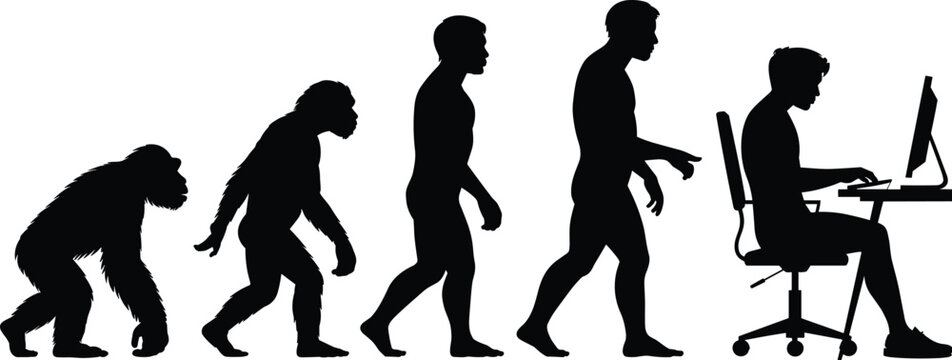 Human evolution silhouette transitioning from ape to modern person using computer, evolution concept illustration showing technology progression and digital lifestyle change