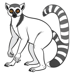 Obraz premium A lemur with orange eyes and a striped tail standing on its hind legs