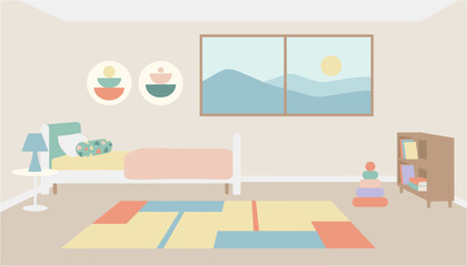 Colorful children's bedroom with play area and ocean view mural © MURAD STOCK