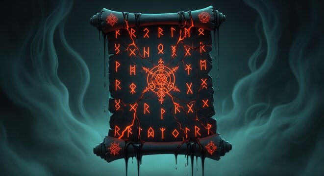 Ancient scroll with glowing runes against a blurred fantasy backdrop