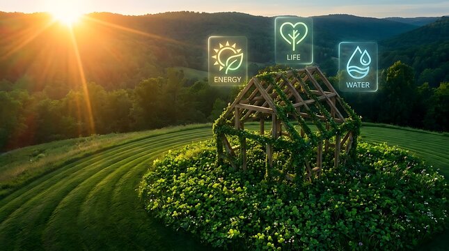 Sustainable Living Concept with Greenhouse, Sun, Life, Water Icons