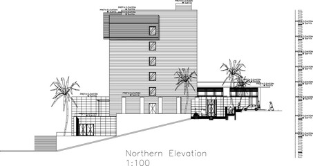 Fototapeta premium Vector sketch illustration silhouette architectural design construction of 6 Floors 5 stars Hotel section view facade and floor plan Elevations and Layout Plan