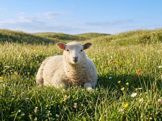 Fototapeta premium White Shetland sheep resting in a wildflower meadow on Shetland Islands
