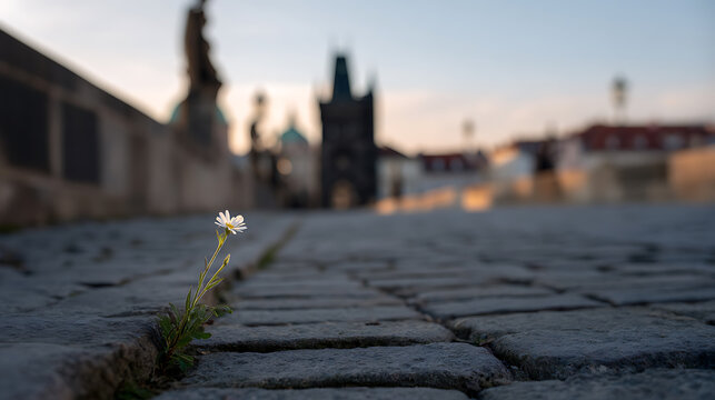 Tiny white flower sprout grow through cobblestone crack on old street with blurred ancient bridge and city architecture in soft morning light