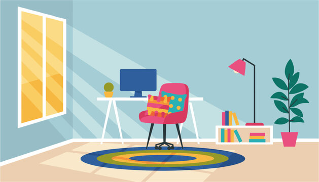 Colorful home office workspace with chair, computer, and bookshelf