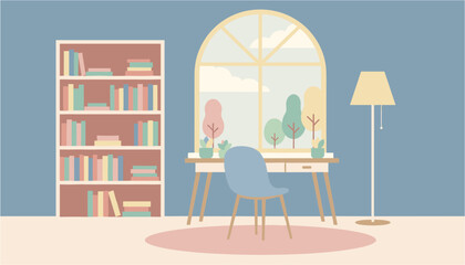Cozy pixel art bedroom with bookshelf and desk under warm lamp light © MURAD STOCK